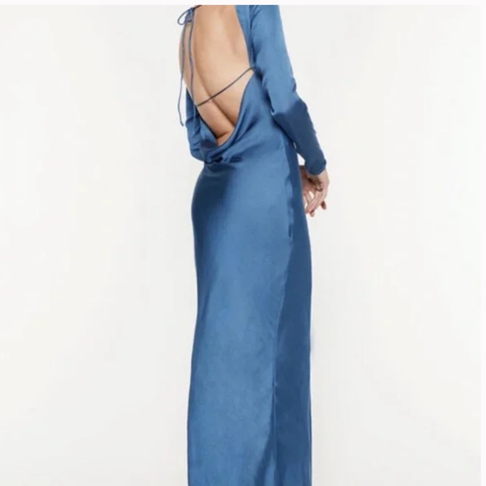 Bardot 100% Silk Blue Long Sleeve Open Back Dress